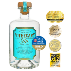 Image of Pothecary Gin 'Original' bottle with regional gold medal awards and international gold medal awards